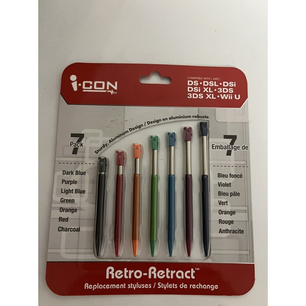 I-Con Pack of 7 Replacement Nintendo DS Styluses Retro-Retract Different Colors